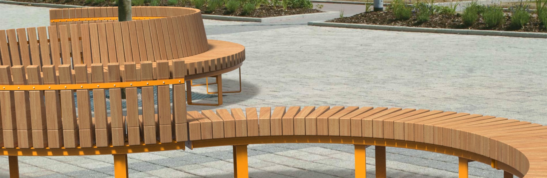 Linear free flowing seating in an urban environment