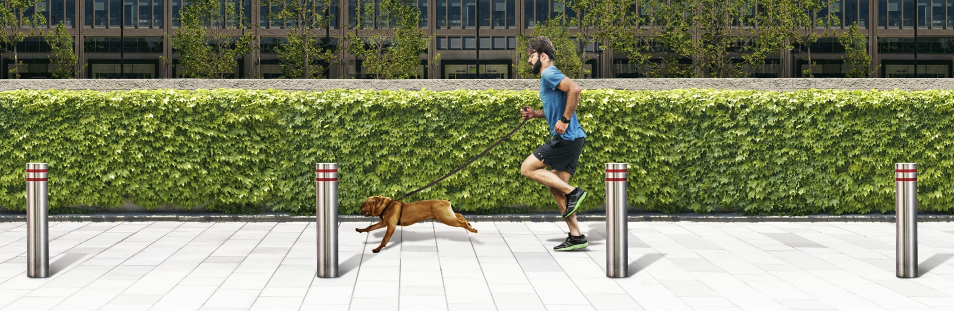bollards on a pavement with a man running with a dog