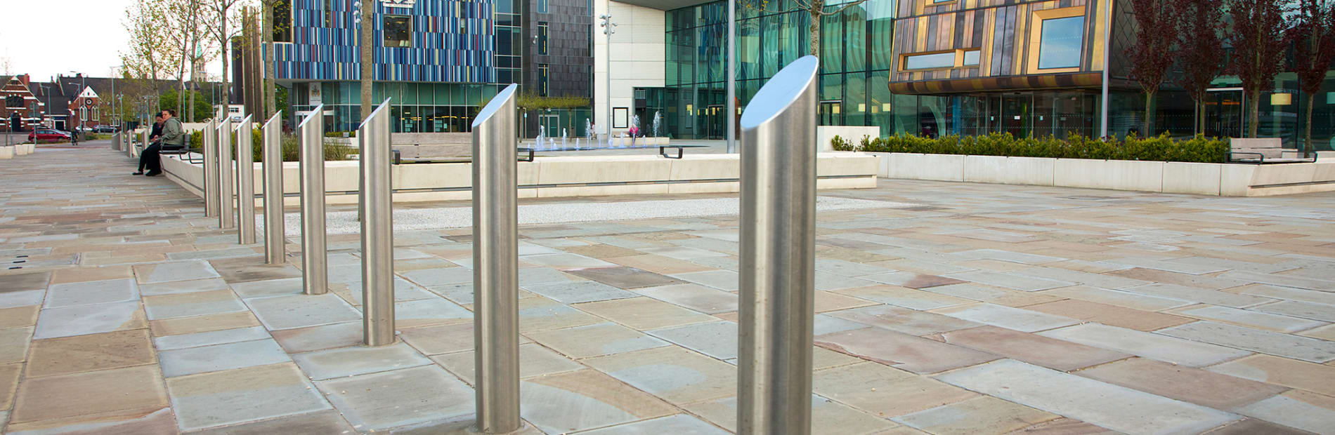 stainless steel bollards outside a university