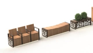Natural Elements collection of  seating, planters, litter bins and bollards.