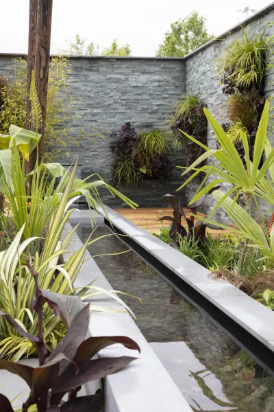 A living green wall using Marshalls Drystack Veneer Walling, created by Toby Pritchard for BBC Gardeners World Live 2019