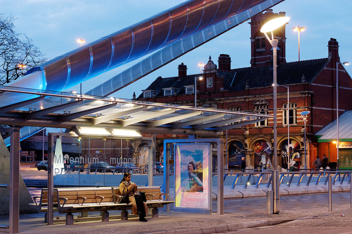 motis shelter with seating geo bollards geo indirect parklight and bespoke post and rail system
