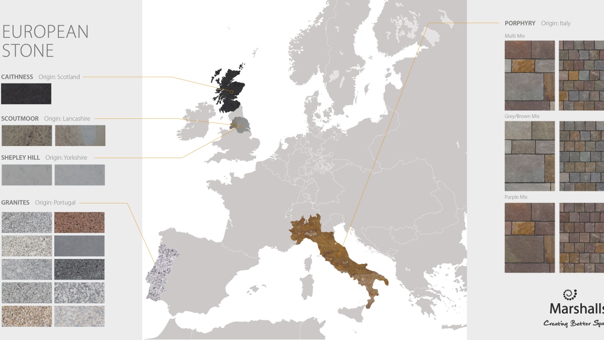 A map of Europe showing Marshalls stones by region including Granite, Porphyry, Yorkstone and Sandstone