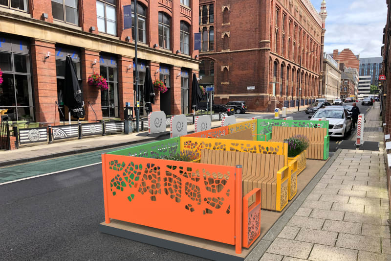 Parklet seating seen in a city centre