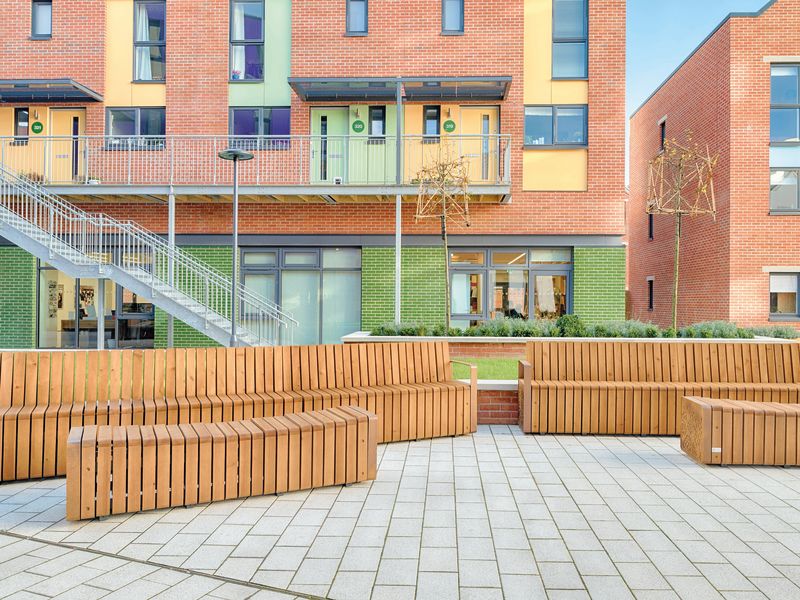 Wooden seating area at Bristol Paintworks