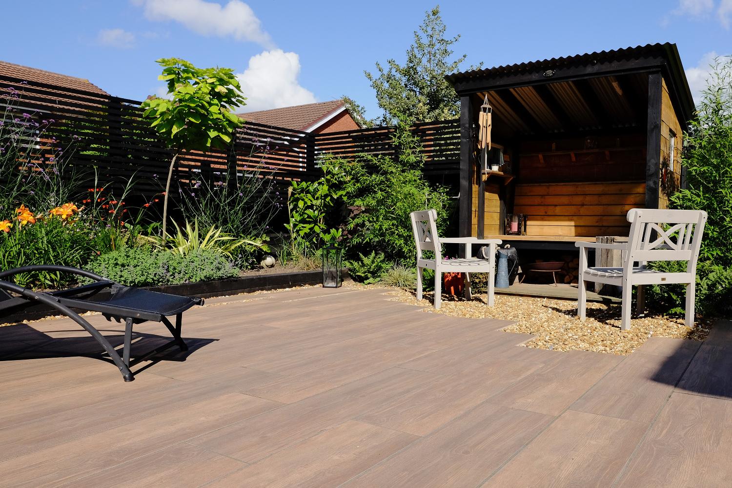 A wooden outdoor seating area